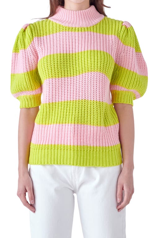 English Factory Stripe Puff Shoulder Mock Neck Sweater In Pink/green