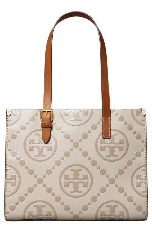 Shop Tory Burch Small T Monogram Contrast Embossed Tote In Longan/new Cream