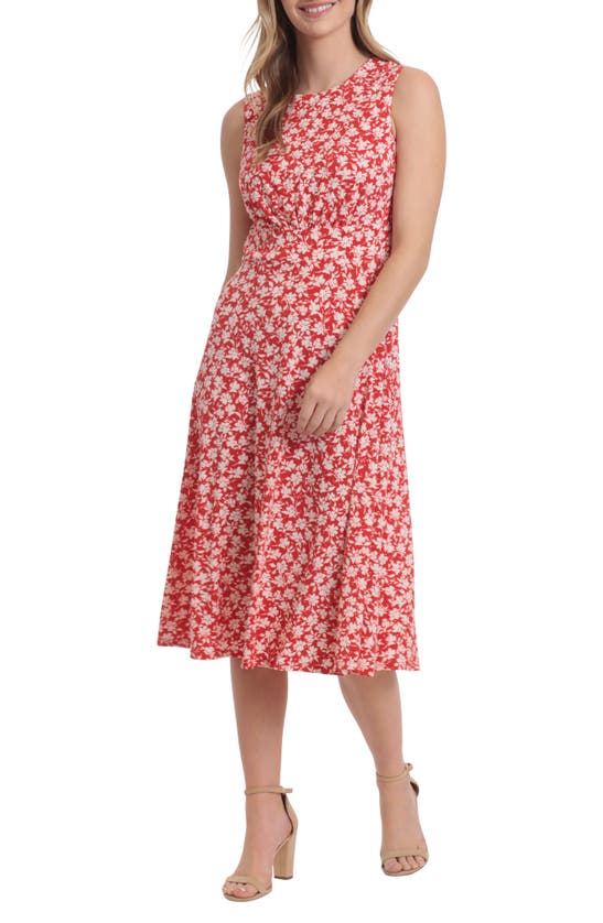 London Times Floral Sleeveless Fit & Flare Midi Dress In Red/ Ivory