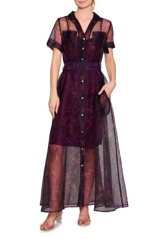 MELLODAY Belted Organza Button-Up Shirtdress in Plum Multi 