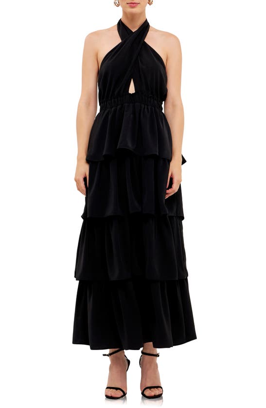 Shop Endless Rose Halter Neck Tiered Maxi Dress In Black