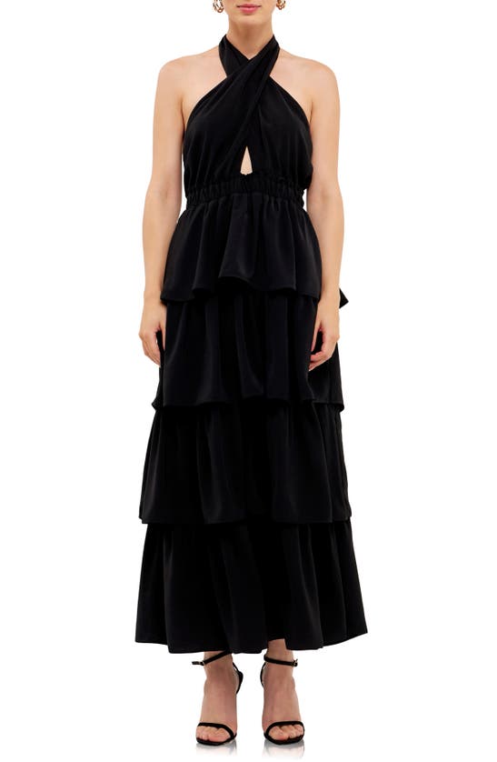Endless Rose Crossed Halter Neck Tiered Maxi Dress In Black