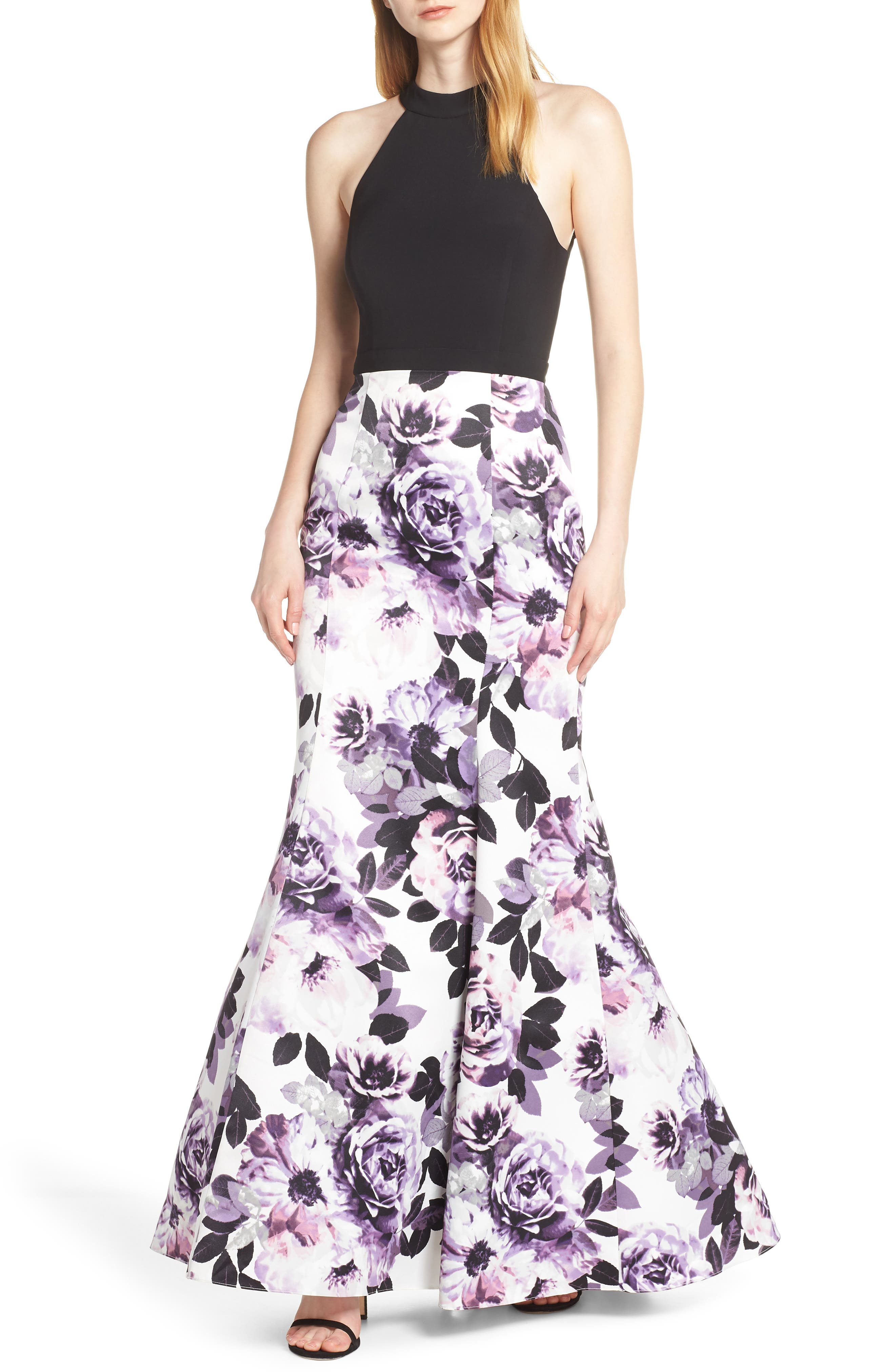 Blondie Nites Floral Print Lattice Back Evening Dress, Black