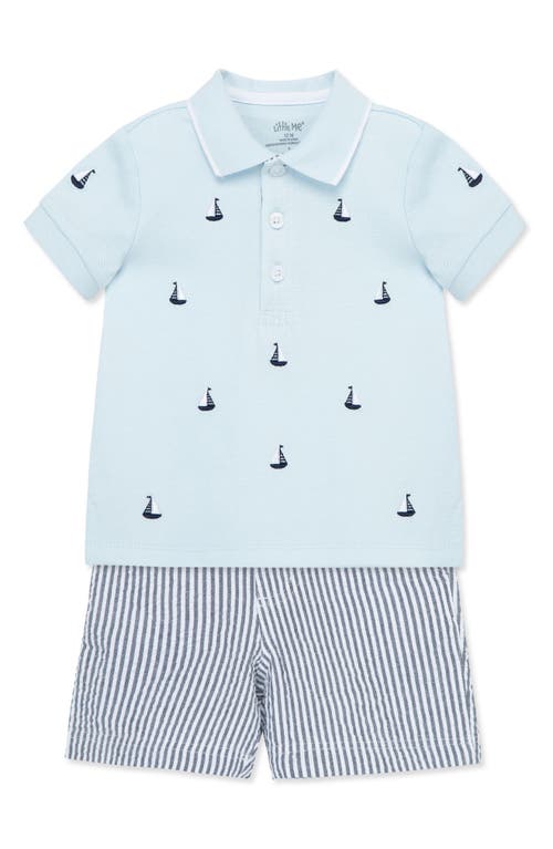 Shop Little Me Sailboat Embroidered Polo & Stripe Shorts Set In Blue