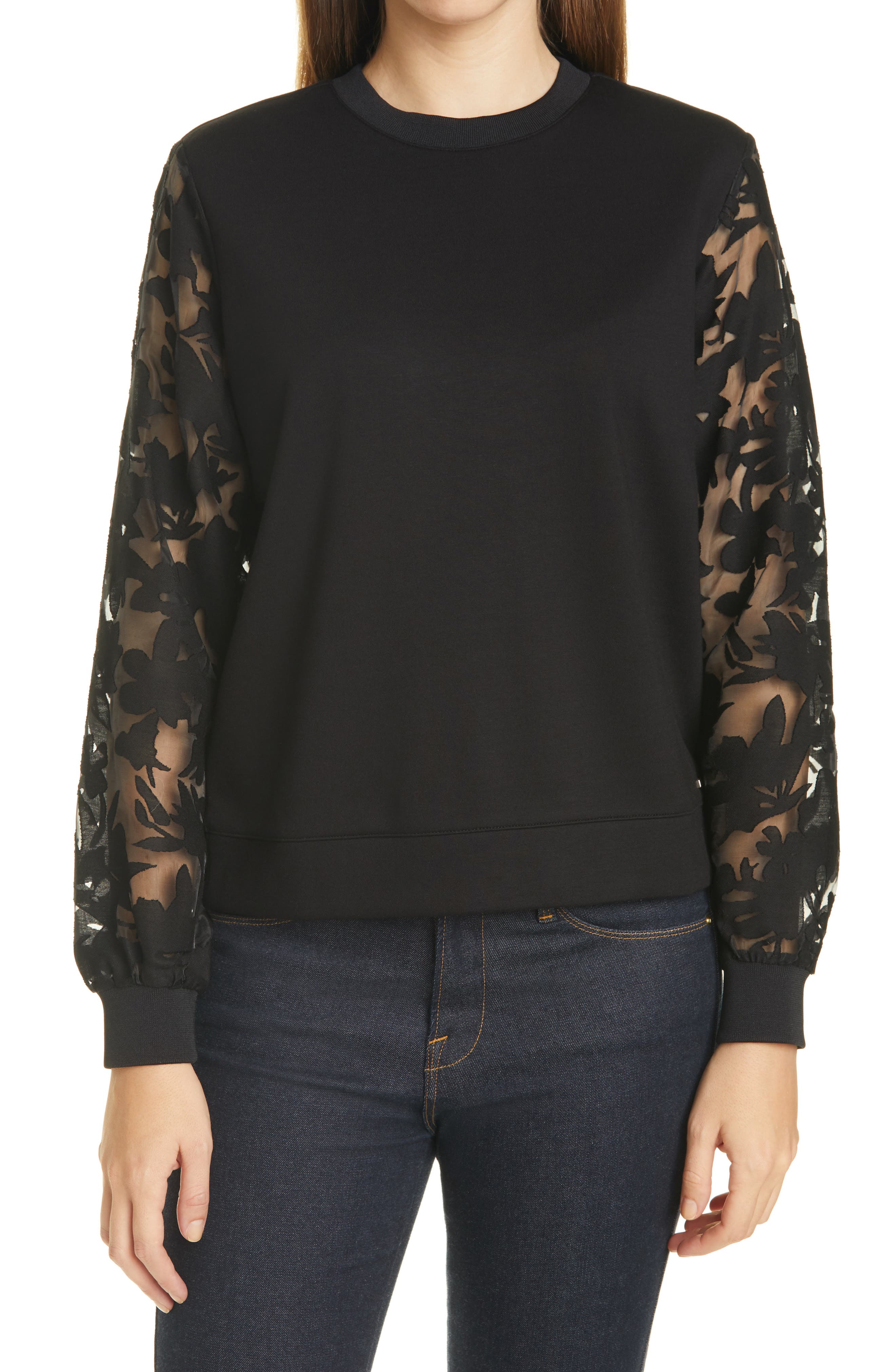 TED BAKER LETTS FLORAL MESH SLEEVE PULLOVER,5059353966414