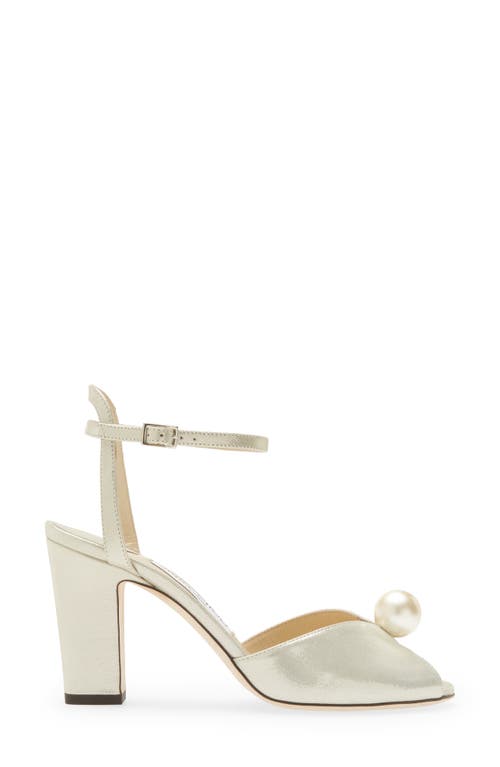 Shop Jimmy Choo Sacaria Imitation Pearl Embellished Ankle Strap Sandal In Champagne/white