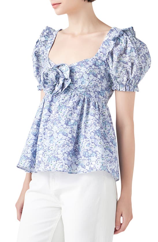 Shop English Factory Floral Print Cotton Top In Blue Multi