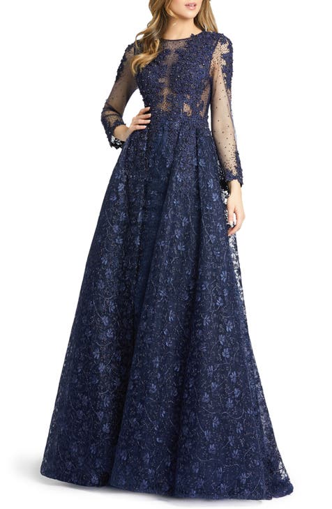 Embellished Lace Long Sleeve Ball Gown