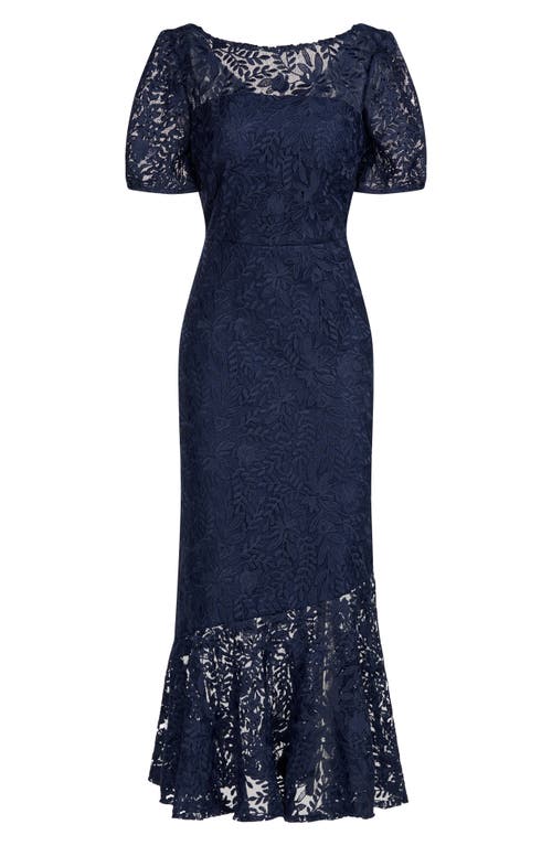 Shop Kay Unger Portia Lace Asymmetric Hem Dress In Midnight