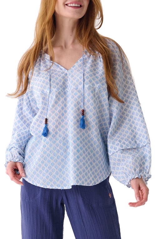 Petal Place Naomi Long Sleeve Peasant Top in Blue/White