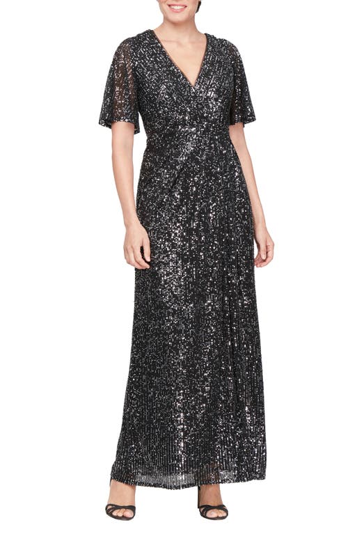 Shop Sl Fashions Sequin Flutter Sleeve Gown In Black Silver