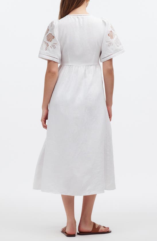 Shop Madewell Cassie Openwork Detail Linen Button-front Midi Dress In Eyelet White