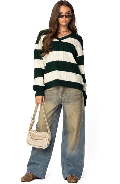Shop Edikted Stripe Oversized Cable Knit Sweater In Green