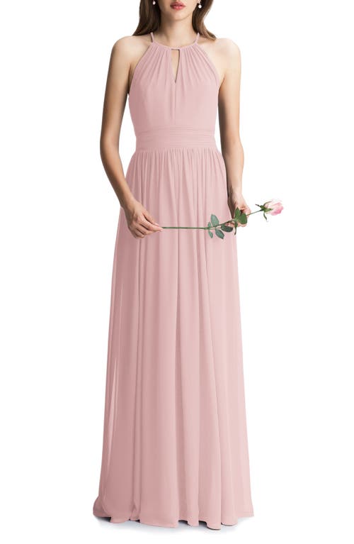 #Levkoff Keyhole Neck Chiffon A-Line Gown in Frost Rose