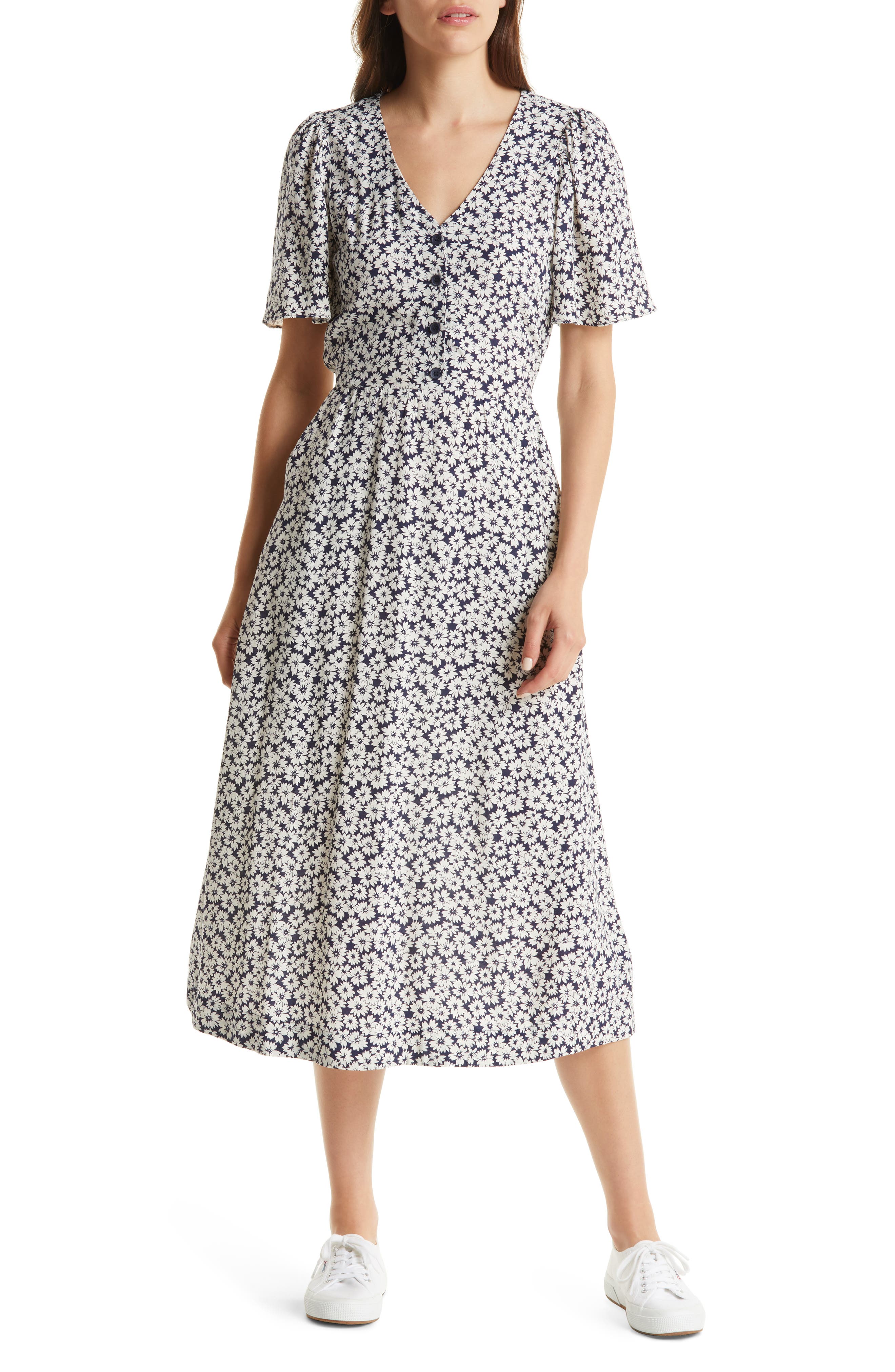 \u0026 Other Stories Floral Flutter Sleeve Midi Dress in Blue W. White Flowers at Nordstrom, Size 10