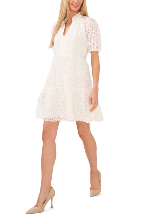 Summer Bloom Balloon Sleeve Lace Overlay Mini Dress White