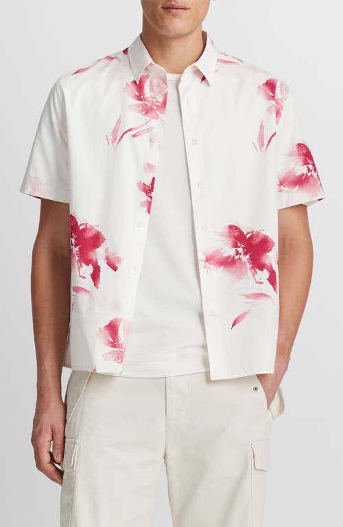 Vince Faded Floral Print Short Sleeve Shirt In White/dark Pink Blaze