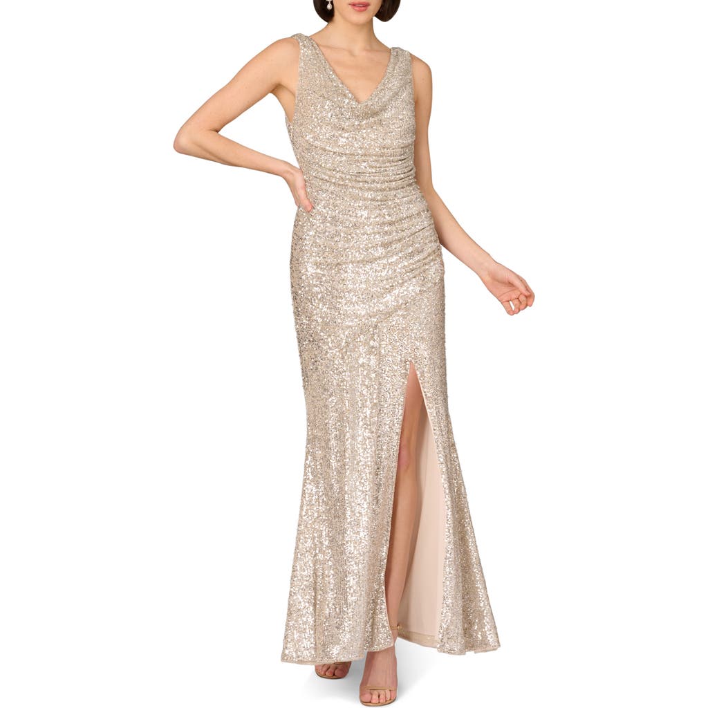 Aidan Mattox Ruched Stretch Sequin Gown<br> In Champagne/silver