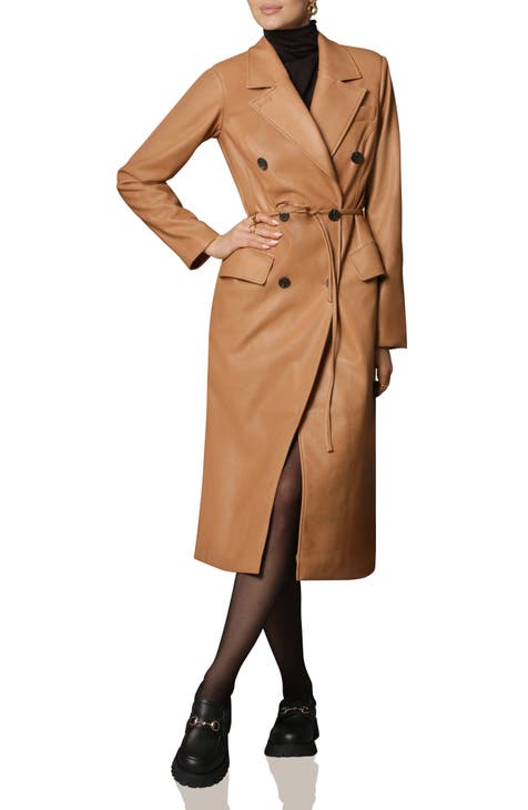 Express Faux Leather Belted Trench Coat Brown Women's M