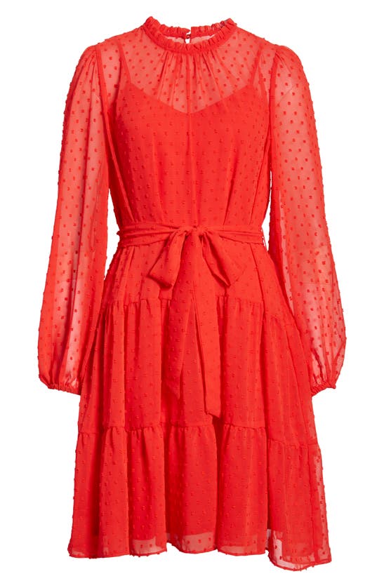 Julia Jordan Semisheer Long Sleeve Tie Waist Tiered Dress In Red | ModeSens
