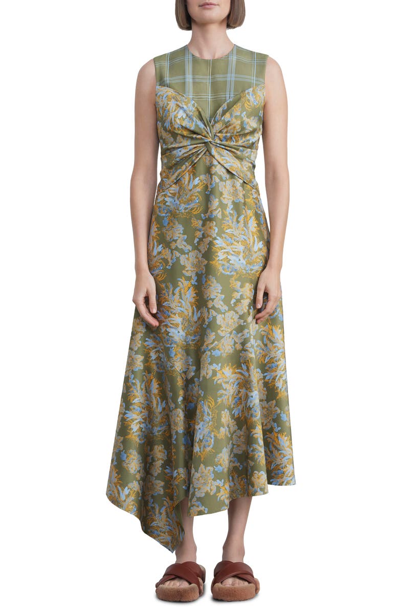 Lafayette 148 New York Twist Front Asymmetric Hem Patchwork Silk Dress, Main, color, 