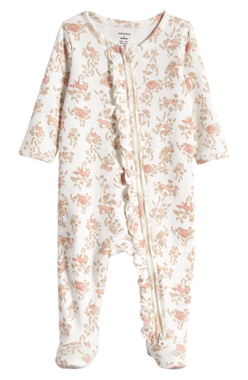 Shop Nordstrom Floral Ruffle Zip-up Cotton Footie In Ivory Egret Backyard Friends