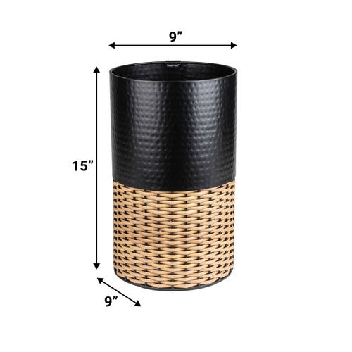Happimess Asher Modern 2-tone Faux Wicker/metal Cylinder Waste Basket In Black/natural