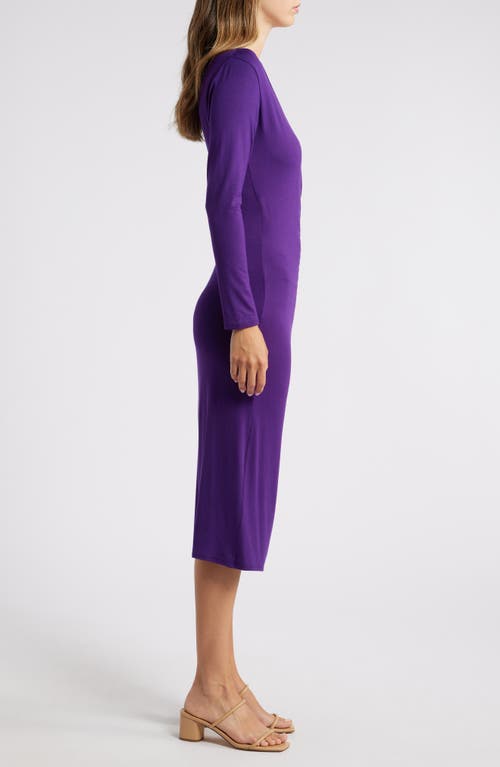 Shop Loveappella Long Sleeve Faux Wrap Midi Dress In Dark Purple