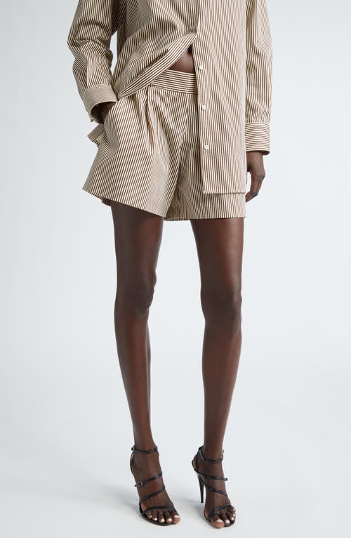 Shop Brandon Maxwell The Essie Pleated Stripe Cotton Shorts In Chocolate Stripe