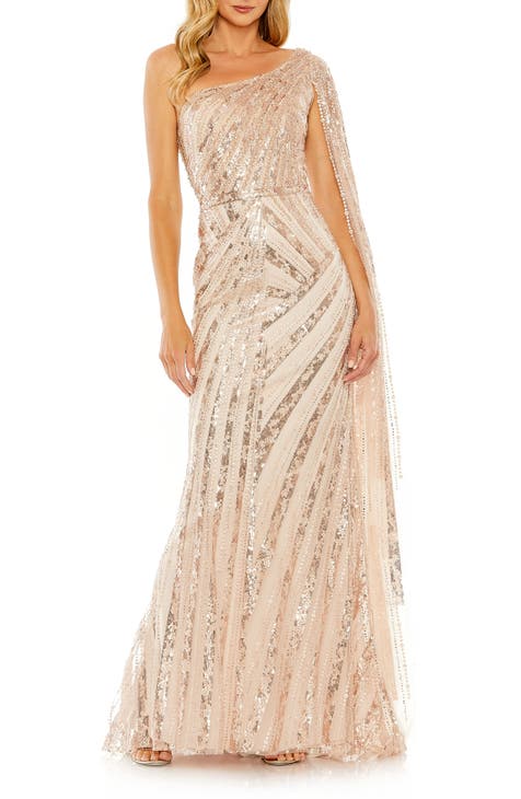 Sequin Cape Sleeve One-Shoulder Gown