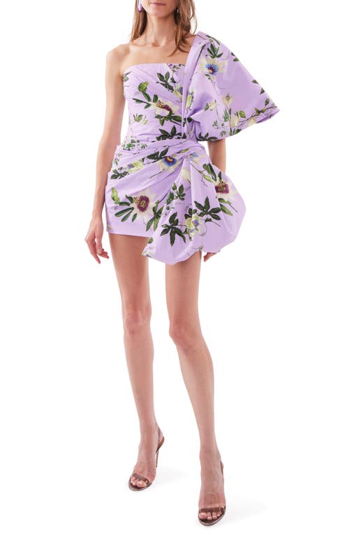 Oscar de la Renta Passionflower Print One-Shoulder Stretch Cotton Dress in Lavender Multi