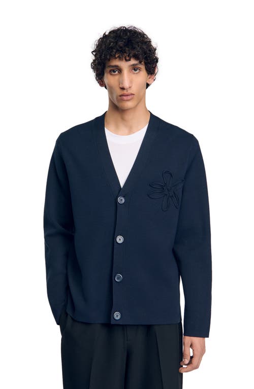 Shop Sandro Cardigan With Flower Detail In Blue Prusse