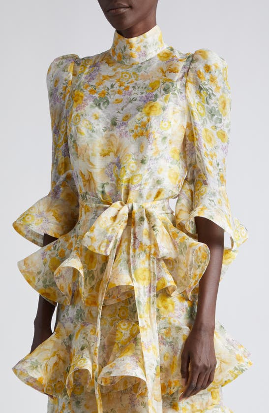 Shop Zimmermann Harmony Floral Ruffle Tiered Linen & Silk Midi Dress In Citrus Garden Print