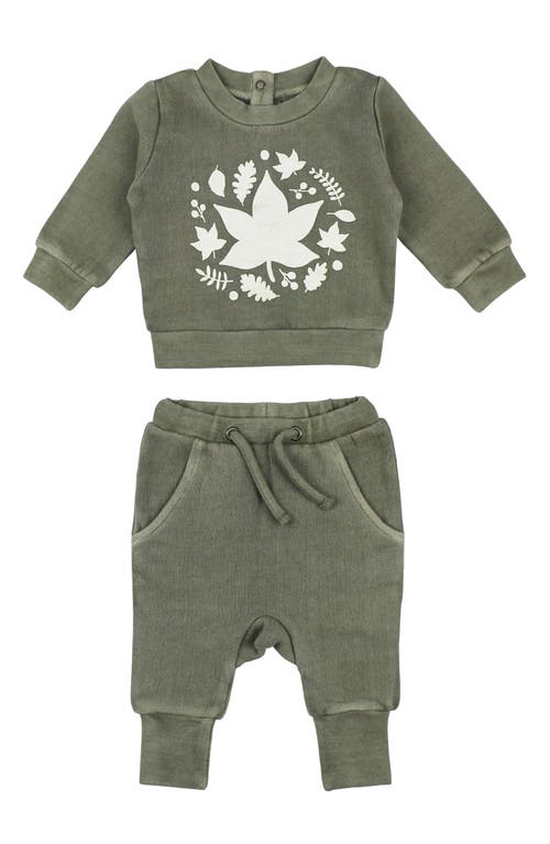 Shop L'ovedbaby Cozy Organic Cotton Graphic Sweatshirt & Joggers Set In Hunter Leaves