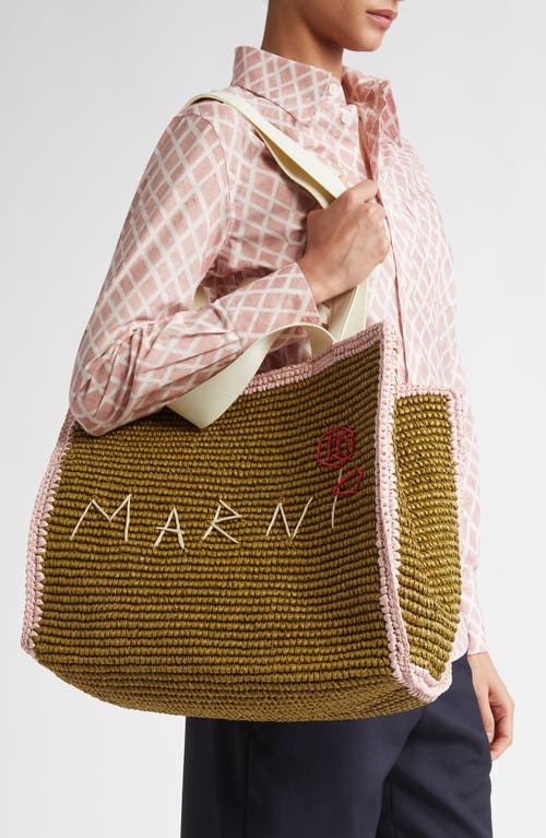 Shop Marni Mending Woven Faux Raffia Tote In Olive/green