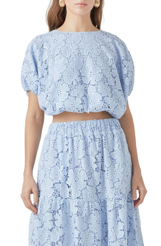 Shop Endless Rose Sequin Lace Voluminous Crop Top In Powder Blue