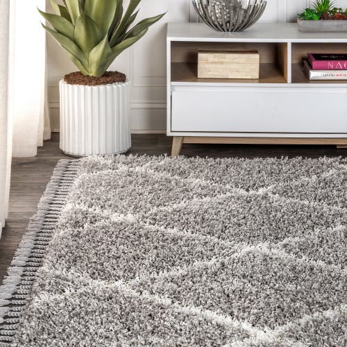 Jonathan Y Mercer Shag Plush Tassel Moroccan Geometric Trellis Denim Area Rug In Gray/cream