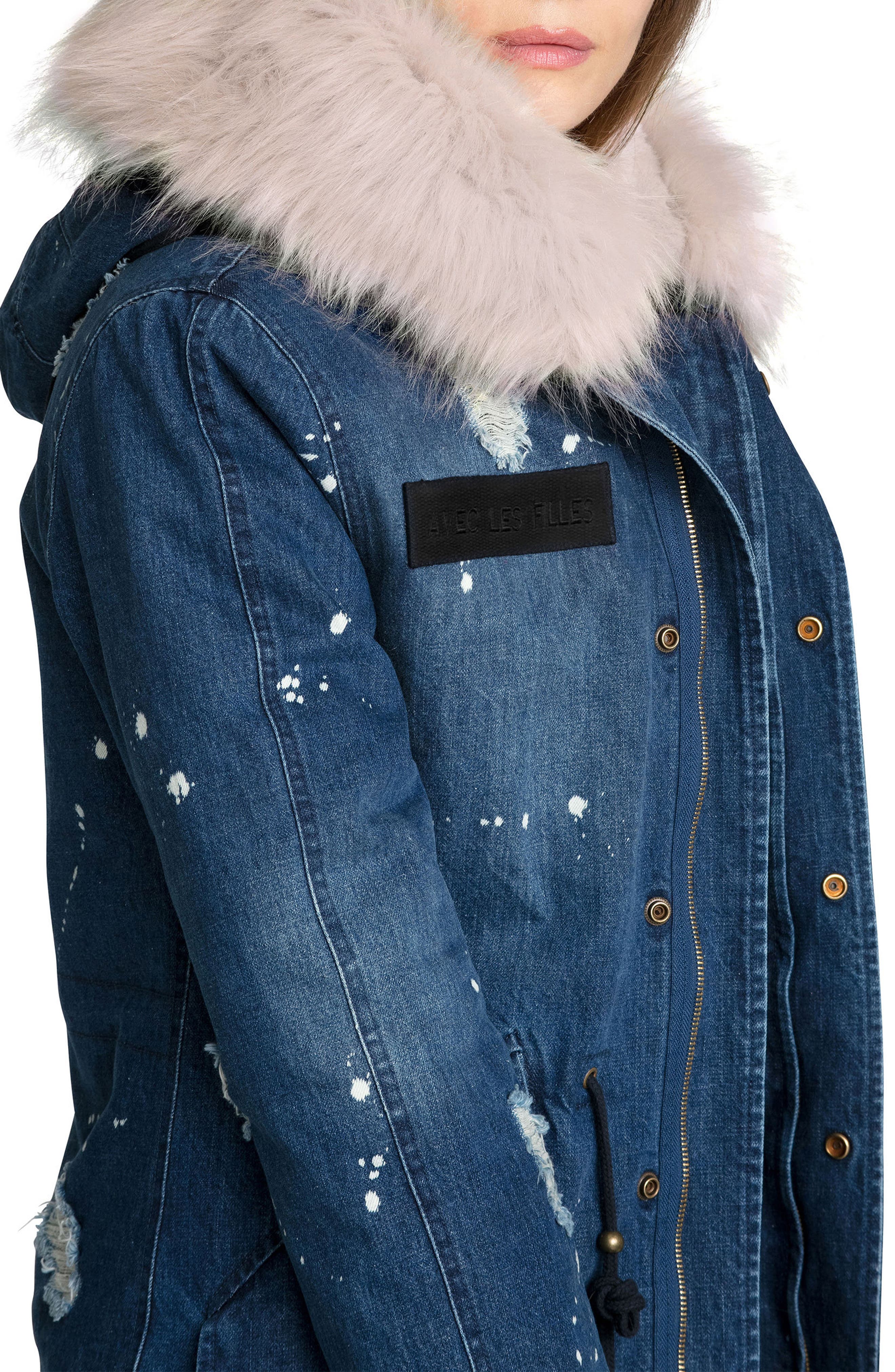 avec les filles faux fur trim denim parka