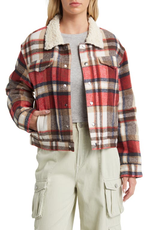 Plaid Trucker Jacket with Faux Shearling Trim in Red