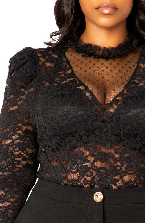 Buxom Couture Sheer Stretch Lace Long Sleeve Bodysuit In Black