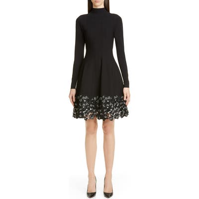 Lela Rose Lace Hem Long Sleeve Fit & Flare Sweater Dress, Black