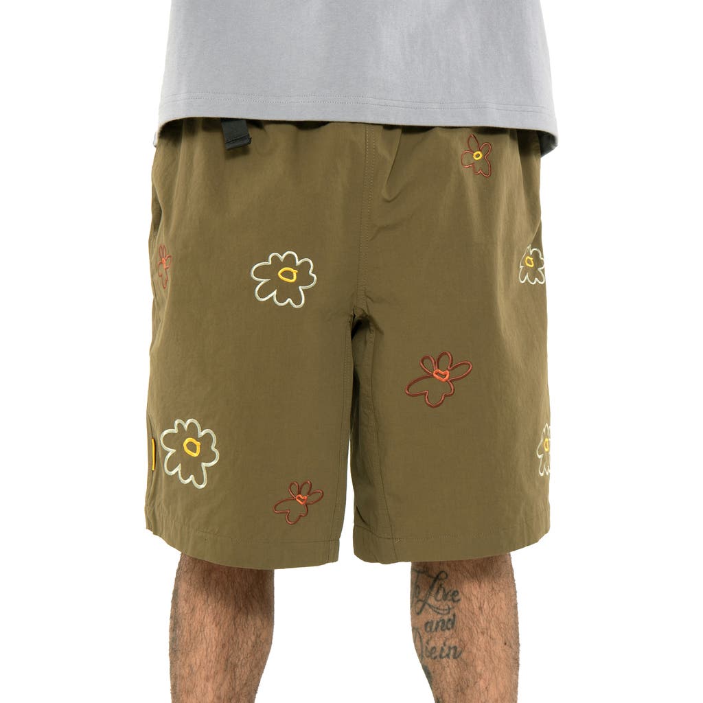 Round Two Floral Embroidered Cotton & Nylon Shorts In Olive