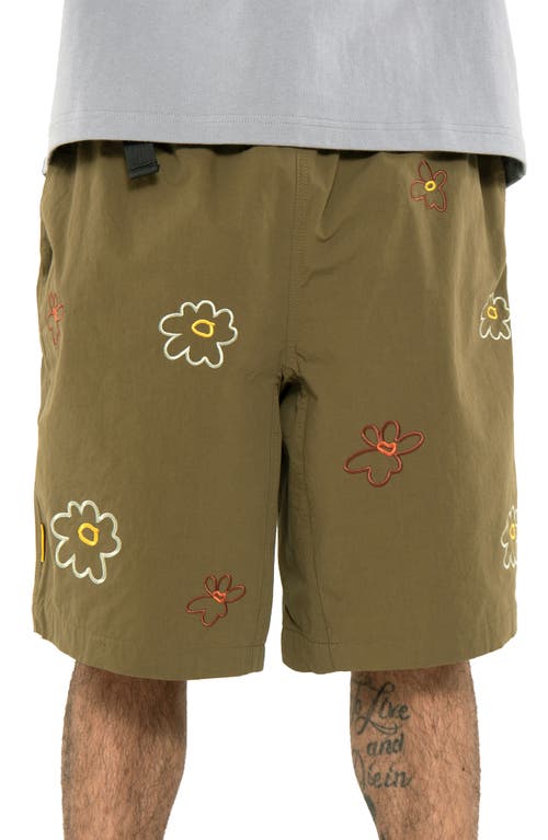 Floral Embroidered Cotton & Nylon Shorts in Olive