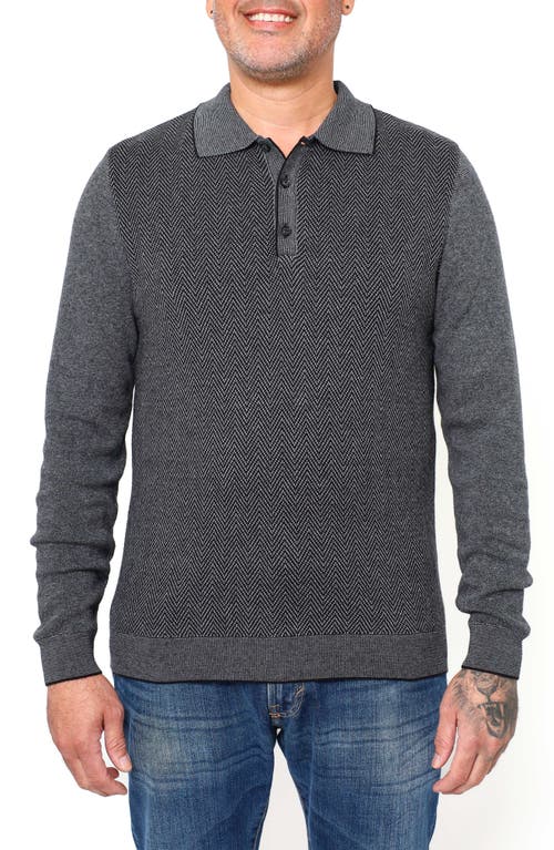 Shop Vellapais Mataro Herringbone Long Sleeve Polo In Grey/black