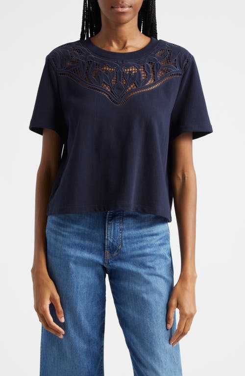 Veronica Beard Monty Guipure Lace Yoke Cotton T-Shirt Navy at Nordstrom,