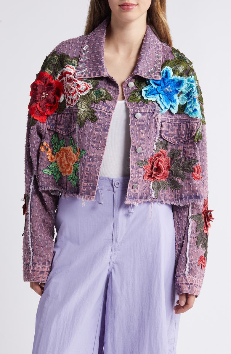 NIKKI LUND Bloom Floral Appliqué Texture Denim Jacket, Alternate, color, Purple
