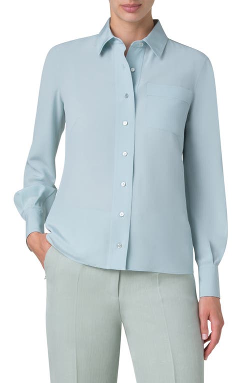 Akris Silk Crepe Button-Up Shirt in Stone Blue 