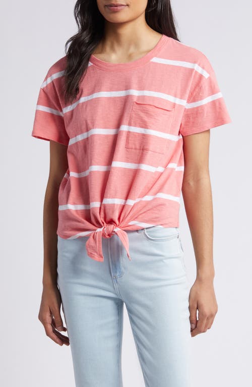 caslon(r) Crewneck Tie Front T-Shirt in Coral Rose Tea- White Stripe