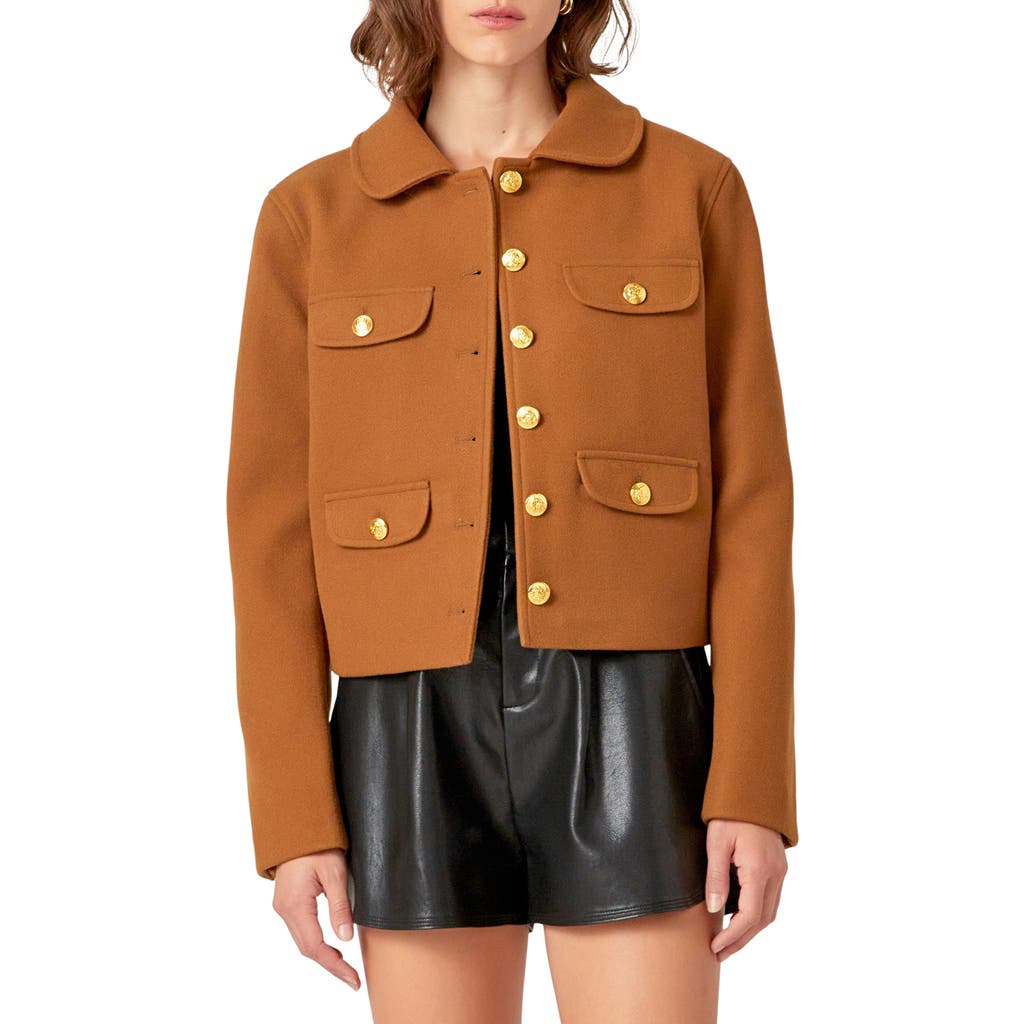 English Factory Button Front Crop Blazer In Olive Brown