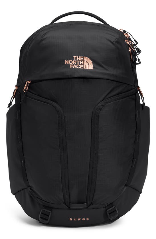 The North Face Surge Water Repellent Ripstop Backpack In Black/ Burnt Coral Metallic
